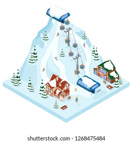 Ski Resort Vacation Gondola Way. Winter Outdoor Holiday Activity Sport In Alps, Landscape With Mountain View And Forest. Alpine Village Chalet. Flat Style 3d Isometric Vector Illustration