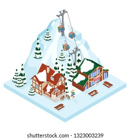 Ski resort vacation gondola way. Winter outdoor holiday activity sport in alps, landscape with mountain view and forest. Alpine village chalet. Flat style 3d isometric vector illustration