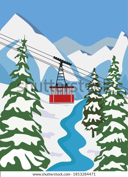 Ski\
resort for vacation with lift, aerial flat vector illustration.\
Winter outdoor sports activities in the Alps, dombay, spruce,\
mountains, forest. Winter activities banner\
design.