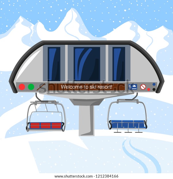 Ski resort vacation, ski lift station. Winter\
outdoor holiday activity sport in alps, landscape with winter\
mountain view. Ski resort\
Infographic
