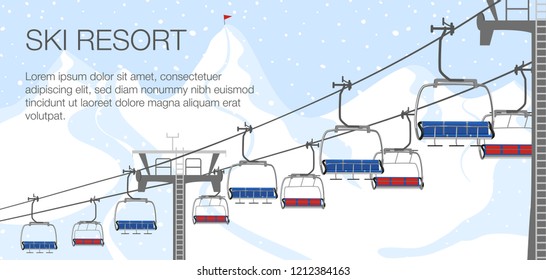 Ski resort vacation, ski lift. Winter outdoor holiday activity sport in alps, landscape with winter mountain view. Template for ski resort flyer advertising. Web banner background