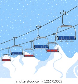 Ski resort vacation, ski lift. Winter outdoor holiday activity sport in alps, landscape with winter mountain view. Template for ski resort flyer advertising. Web banner background