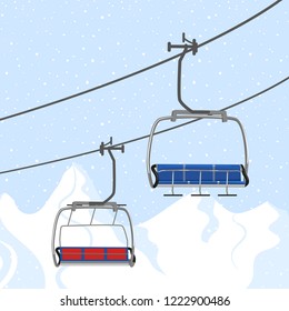 Ski resort vacation, ski lift. Winter outdoor holiday activity sport in alps, landscape with winter mountain view. Template for ski resort flyer advertising. Web banner background