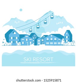 Ski resort vacation with ski lift. Winter outdoor holiday activity sport in alps, landscape with mountain view and forest. Alpine village chalet. Flat style