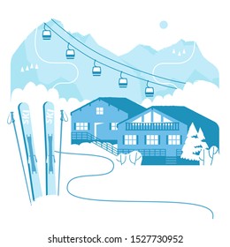 Ski resort vacation with ski lift. Winter outdoor holiday activity sport in alps, landscape with mountain view and forest. Alpine village chalet. Flat style