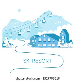 Ski resort vacation with ski lift. Winter outdoor holiday activity sport in alps, landscape with mountain view and forest. Alpine village chalet. Flat style