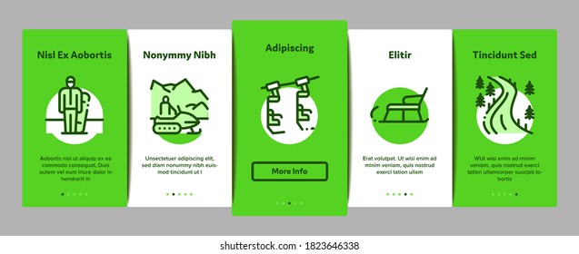 Ski Resort Vacation Onboarding Mobile App Page Screen Vector. Ski Snow Track And Shoe, Protective Glasses And Sled, Chairlift Cableway And Cabin Color Illustrations