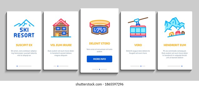 Ski Resort Vacation Onboarding Mobile App Page Screen Vector. Ski Snow Track And Shoe, Protective Glasses And Sled, Chairlift Cableway And Cabin Color Illustrations