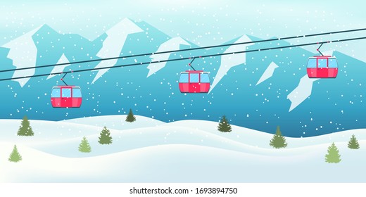 Ski resort vacation. Winter snowy landscape with ski resort, lift, cable car, green spruces and mountains. Winter outdoor holiday activity sport. Flyer advertising template for rest in the mountains