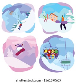 Ski resort vector active people characters skiing, snowboarding on slopes. Illustration set of extreme man, woman lifting together on winter vacation isolated on white background