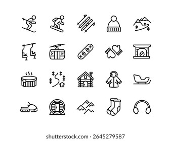 Ski Resort Vector Icon Set | Adjustable Line Weight | Skiing, snowboarding, mountain, lift, cabin, fireplace, hot tub, mittens, sled, snowmobile, coat, slope, gear icons