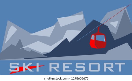 Ski resort. A vector illustration of Alps and a red ski lift. A beautiful landscape with snow mountains in minimalist style.