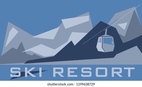 Ski resort. A vector illustration of Alps and a white ski lift. A beautiful landscape with snow mountains in minimalist style.