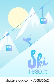 Ski resort vector illustration. Poster showing a man skiing down a mountain slope. Beautiful winter landscape and ski lift for transporting skiers up.