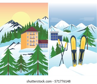 Ski resort vector mountain peaks landscape hotel in forest snowboard in snow mountainous valleys winter holidays activity illustration.