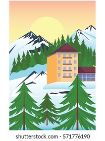 
Ski resort vector mountain peaks landscape hotel forest skiing mountainous valleys winter holidays activity illustration.