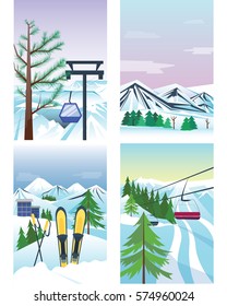 Ski resort vector mountain peaks aerial lift cable car landscape cableway skiing snowboard mountainous valleys winter  holidays activity forest illustration.