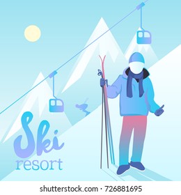 Ski resort vector poster. A skier holding sports equipment. Wonderful winter landscape and ski lift system.