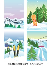 Ski resort vector set mountain landscape skiing snowboard cableway mountainous valleys winter holidays activity cable car forest illustration.