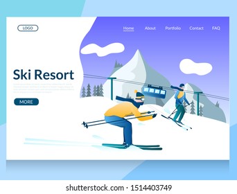 Ski resort vector website template, web page and landing page design for website and mobile site development. Skiing, snowboarding and other winter sports activities.