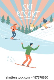 Ski resort vintage poster. Skiers and snowboarders set. Winter illustration for your design.