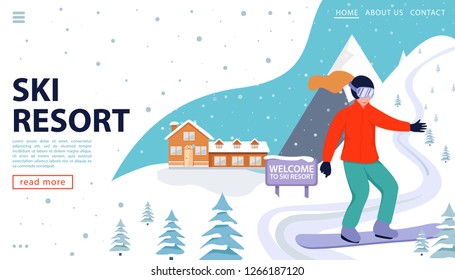 Ski resort web page concept with wooden house, snowboarder and snowy mountains. Happy woman snowboarding in the mountains. Welcome to ski resort. Vector illustration.