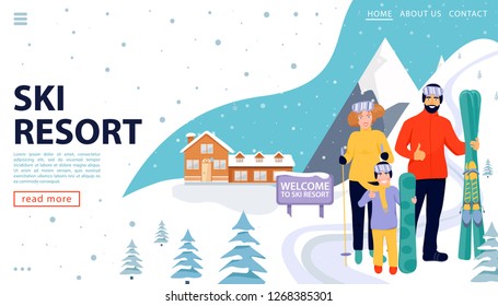 Ski resort web page concept with wooden house and happy family with snowboards and skis on snowy landscape. Family standing and holding sport equipment. Welcome to ski resort. Vector illustration.