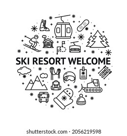 Ski Resort Welcome Round Design Template Contour Lines Icon Concept Banner for Promotion, Marketing and Advertising. Vector illustration