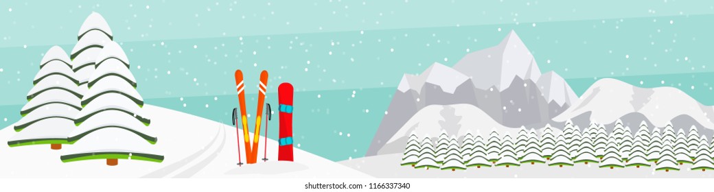 Ski resort wide banner, flat vector illustration. Ski equipment, snowboard, trail, mountains, fir trees, falling snow, panoramic background. Ski resort season is open. Winter web banner design.