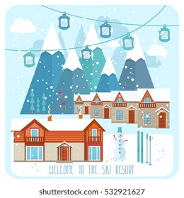 Ski resort. Winter holiday in mountain illustration. Welcome to ski resort invitation banner with vector aerial lift on cableway, cottage house building, , skiing equipment, snow-covered mount peak 
