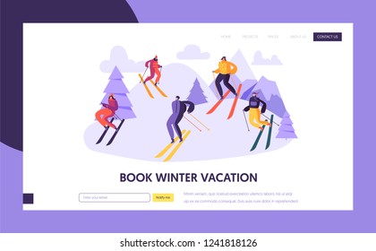 Ski Resort Winter Holidays Landing Page Template. Active People Characters Skiing in Mountains for Website or Web Page. Outdoor Activities Concept. Vector illustration