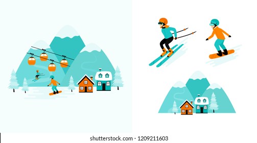 Ski resort. Winter holidays in the mountains. People have fun while skiing and snowboarding. Vector cartoon illustration set.