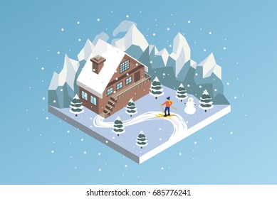 Ski Resort Winter Hotel Isometric Vector Illustration / Mountain House