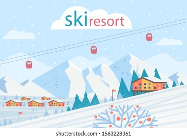 Ski resort. Winter landscape with ski lift, mountains, houses. Vector flat illustration.