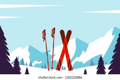 Ski Resort. Winter Landscape With Snow, Trees, Mountains. Vector