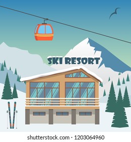 Ski resort. Winter mountain landscape with lodge, ski lift. Winter sports vacation banner. Vector illustration