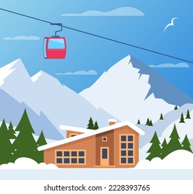 Ski resort. Winter mountain landscape with lodge, ski lift. Winter sports vacation banner. Vector illustration