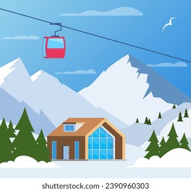 Estación de esquí. Paisaje montañoso invernal con lodge, remonte. Pancarta de vacaciones de deportes de invierno. Ilustración del vector