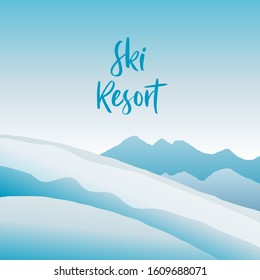 Ski resort winter mountains landscape vector illustration and lettering