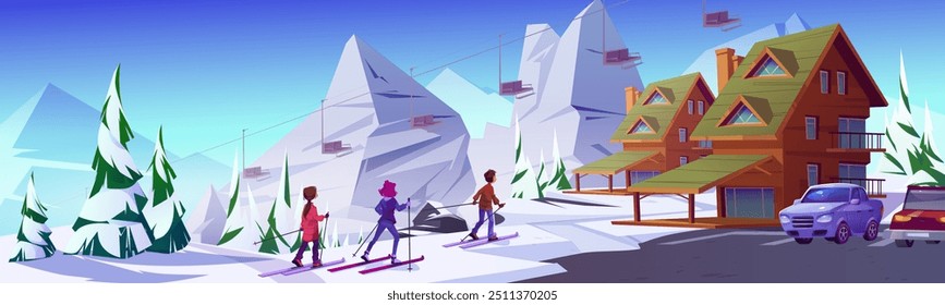 Ski resort in winter. Snow landscape background. Snowy cabin or hotel in Austria. Mother with children travel on holiday to Switzerland chalet. Sunny scene of extreme alpine retreat in house