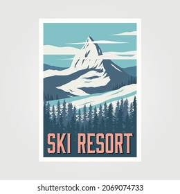 ski resort winter travel poster vintage vector illustration design, the matterhorn mountain in switzerland