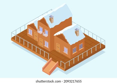 Pista de esquí vectorial de madera isométrica, renderización 3D. Proyección isométrica de la ilustración de la casa de esquí con techos cubiertos de nieve en la plataforma de nieve. Ilustración del vector