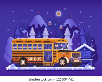 Ski resort yellow shuttle bus, snowy mountain peaks and funiculars in gradient flat design. Skiing center hotel transport concept. Hop on skibus service gets to slopes for winter holidays vacation.