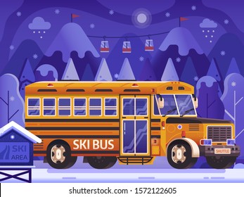 Ski resort yellow shuttle bus, snowy mountain peaks and funiculars in gradient flat design. Skiing center hotel transport concept. Hop on skibus service gets to slopes for winter holidays vacation.