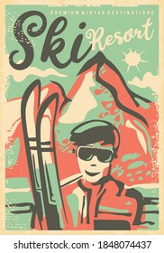 Ski resorts retro poster design template. Winter holiday retro card or ad with  skier and snowy mountains. Sport recreation and vacation vector sign layout.