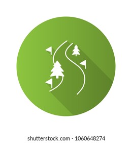 Ski route flat design long shadow glyph icon. Winter forest road. Mountain landscape. Vector silhouette illustration