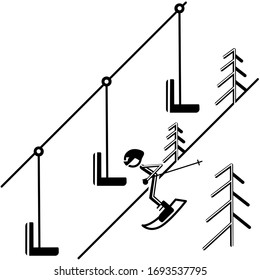 ski run with a skier. black and white vector