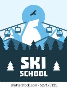 Ski school. Education, training, mentoring. Lifts up the mountain. Fresh air. on the horizon, winter nature view. Pine forest. Mountain. Vector illustration. Flat style