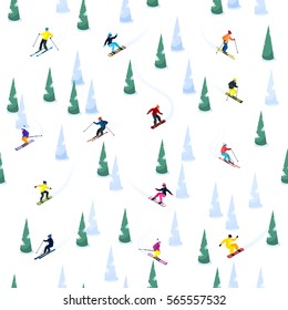 Ski seamless decorative pattern with small isolated figures of skiers ice and trees on blank background vector illustration