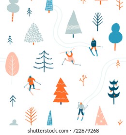 Ski Seamless Pattern With People Skiing In The Snowing Forest In Vector. Christmas Illustration